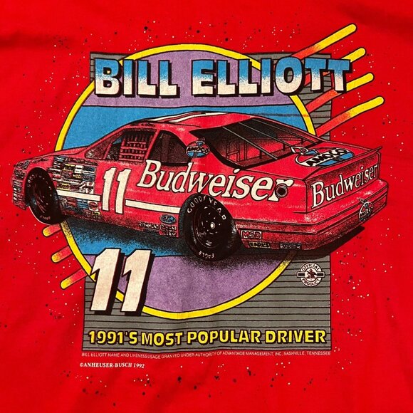 Vintage 1992 Bill Elliott Budweiser Racing T-Shirt XL NASCAR Red Single Stitch - Picture 2 of 5